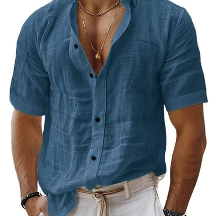 Men's Summer Men's Lapel Shirt Solid Color Short Sleeve Cotton Linen Shirt