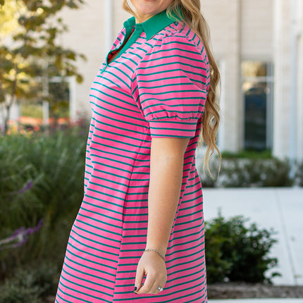 Rose Stripe Collared V Neck Puff Sleeve Shift T Shirt Dress with Pockets