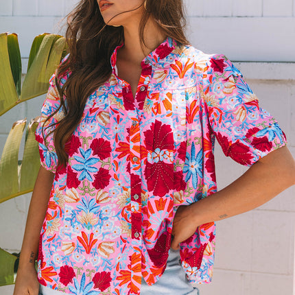 Pink Floral Print Bubble Sleeve Button Up Pleated Shirt
