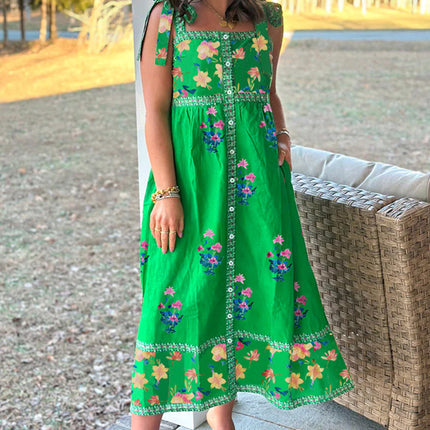 Green Floral Print Contrast Trim Knotted Straps Midi Dress