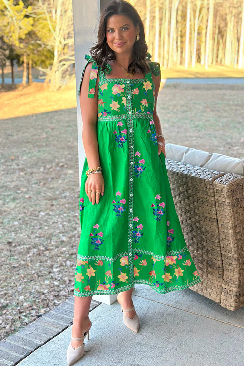 Green Floral Print Contrast Trim Knotted Straps Midi Dress