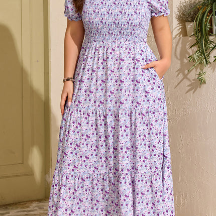 Purple Plus Size Floral Print Square Neck Smocked Maxi Dress