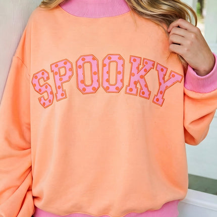 Grapefruit Orange Contrast Polka Dot Slogan Graphic Color Block Mock Neck Plus Sweatshirt