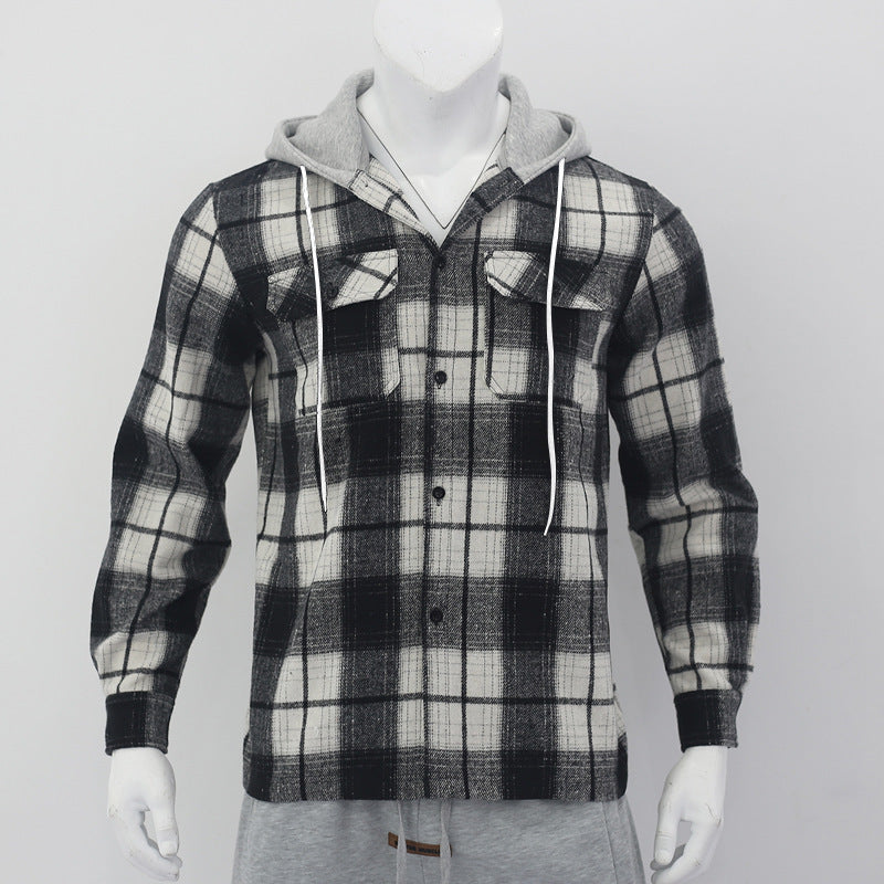Loose Casual Flannel Jacquard Long Sleeve Hooded Plaid Shirt