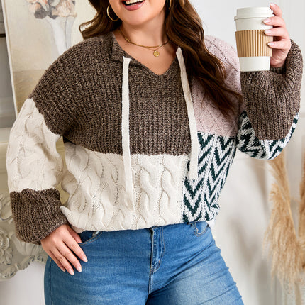 Brown Plus Size Color Block Patchwork Knotted Back Loose Fit Sweater