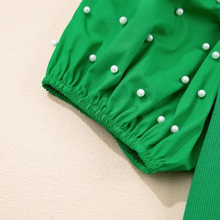 Bright Green Ribbed Pearl Beaded Puff Sleeve Top