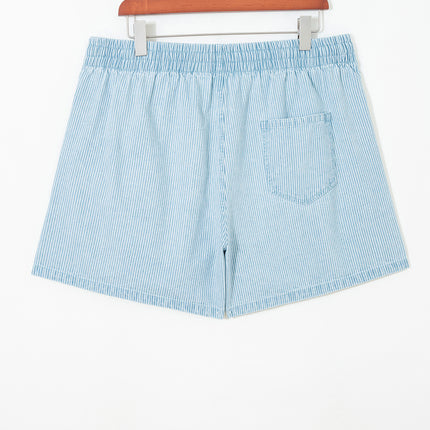 Sky Blue Stripe Plus Size Contrast Drawstring Elastic Waist Denim Shorts