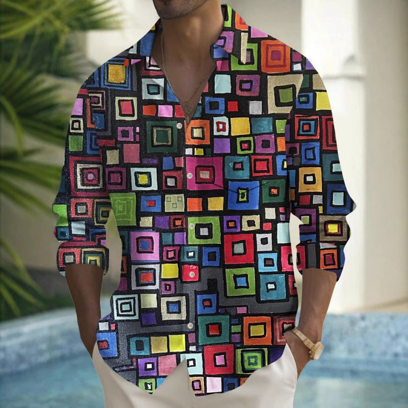 Men's Shirt Multi-color Pattern Element Long Sleeve Top