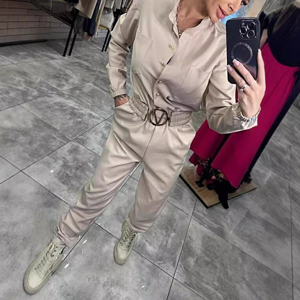 Waist-controlled Long Sleeves Casual Shirt Jumpsuit For Women