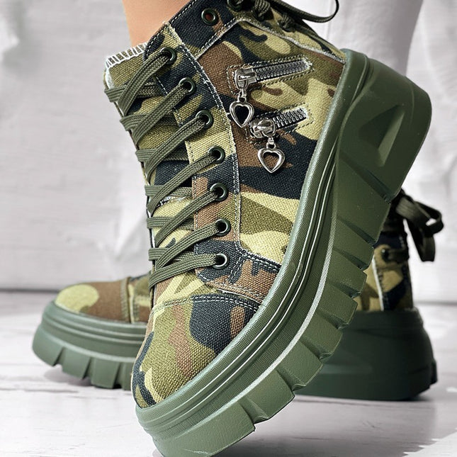 Muffin Heel Side Zipper Front And Rear Lace-up Fashion Casual Sneakers