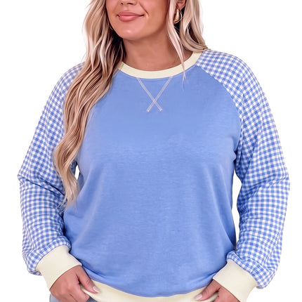 Light Blue Plaid Sleeve Ribbed Colorblock Trim Plus Size Sweatshirt