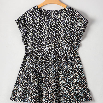 Black Leopard Print Ruffled Short Sleeve Keyhole Back Tiered Flowy Plus Size Blouse