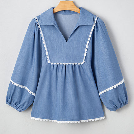Dusk Blue Lace Ric Rac 3/4 Puff Sleeve Collared Babydoll Blouse