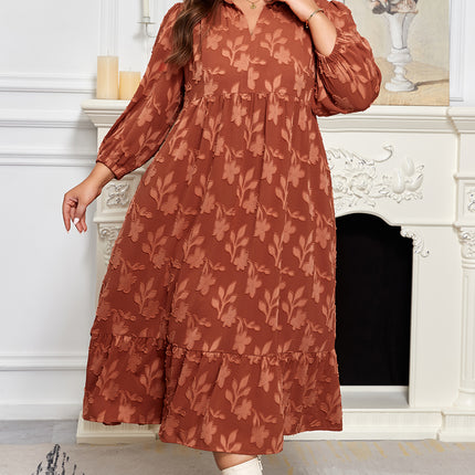 Cinnamon Plus Size Textured 3D Flower Pattern Ruffle Hem 3/4 Sleeve Long Dress