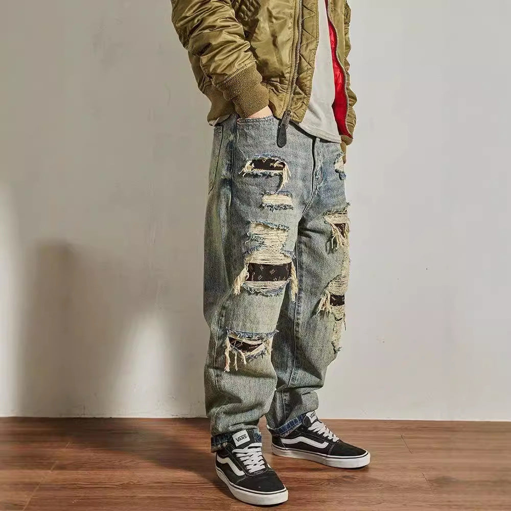 Jeans Men's Loose Straight Tapered Distressed Broken Holes Pants