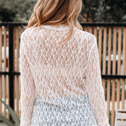 White Sheer Lace Bell Sleeve Mock Neck Blouse