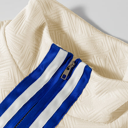 Beige Preppy Striped Trim Textured Quarter Zipper Colorblock Short Sleeve Top