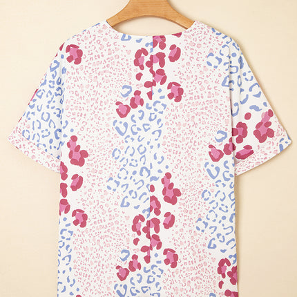 Pink Mixed Leopard Print V Neck Short Sleeve Blouse