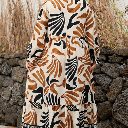 White Plus Size Abstract Print Contrast Collar Split Neck Shift Long Dress