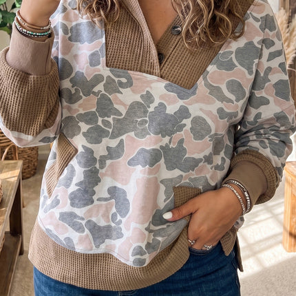 Khaki Camouflage Print Waffle Knit Patchwork Half Zip Plus Size Hoodie