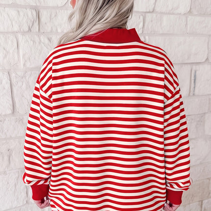 Red Stripe Plus Size MERRY Festive Letter Embroidery Patched Graphic Pullover Sweatshirt