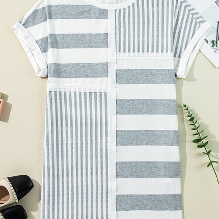 Gray Stripe Mixed Printed Short Sleeve Shift Mini T Shirt Dress