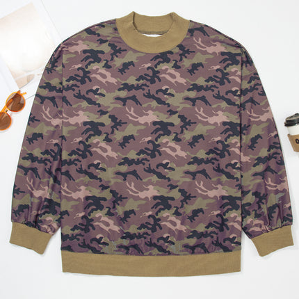 Green Camouflage Print High Neck Long Sleeve Oversized Shift Silhouette Tunic Length Plus Size Sweatshirt