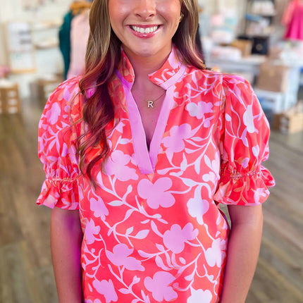 Red Floral Split V Neck Ruffled Short Sleeve Blouse Top