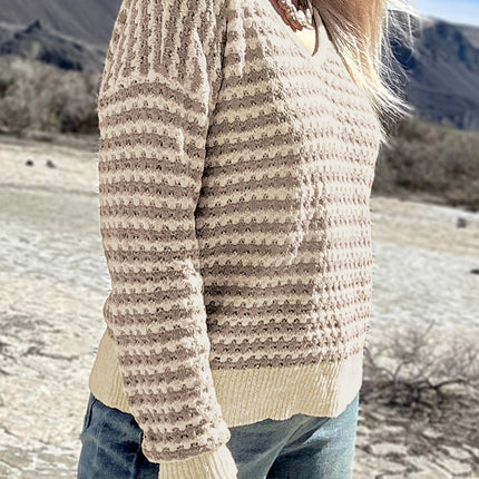 Khaki Stripe Plus Size V Neck Drop Shoulder Sweater
