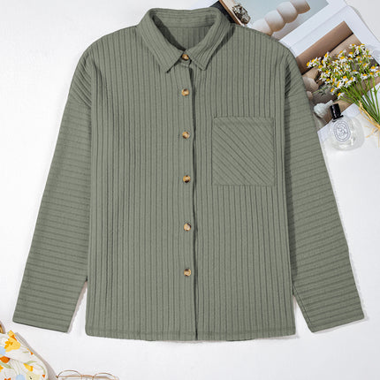Mist Green Thermal Ribbed Texture Drop Shoulder Button Up Shacket