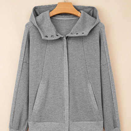 Gray Waffle Splicing Zip Up Front Button Hooded Jacket