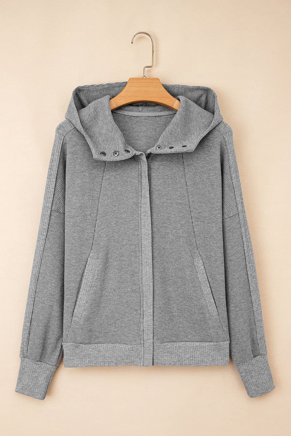 Gray Waffle Splicing Zip Up Front Button Hooded Jacket