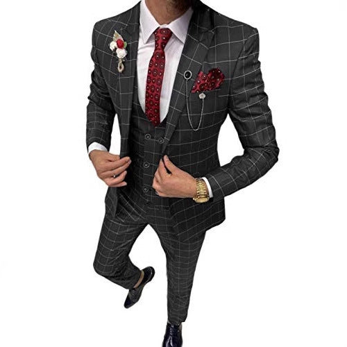 Men's Simple Versatile Lattice Suit Three-piece Suit