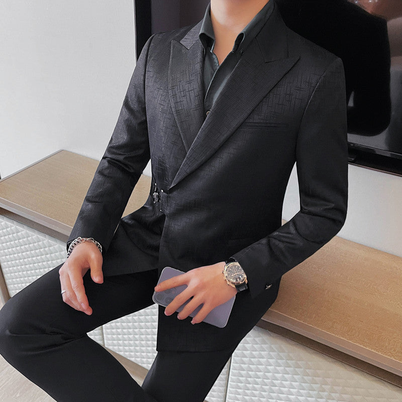 Men's Suit Metal Buckle Design Gun Collar Jacket