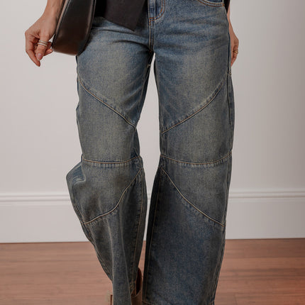 Sail Blue Exposed Stitching Loose Straight High Waist Jeans