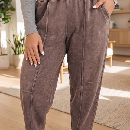 Coffee Mineral Wash Elastic Waistband Plus Size Barrel Pants
