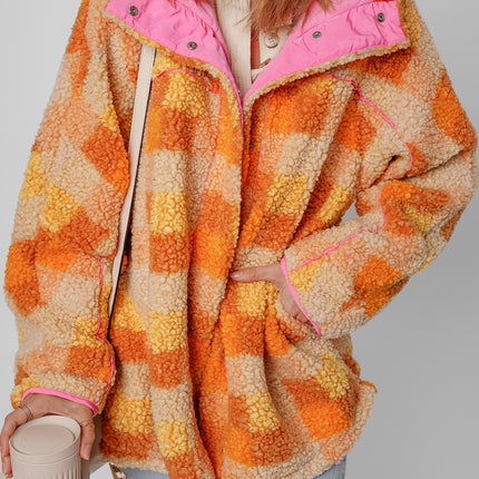Orange Checkered Sherpa Hooded Jacket