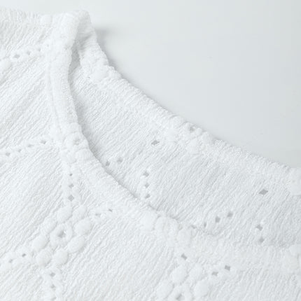 White Flower Geometric Textured Button Short Sleeve Top