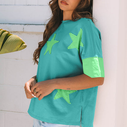 Aruba Blue Frayed Denim Star Patched Oversize T Shirt