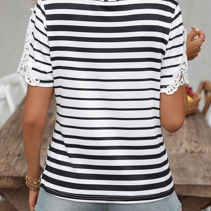 Black Stripe Cross Straps Hollowed Neck Lace Splicing Short Sleeve Blouse