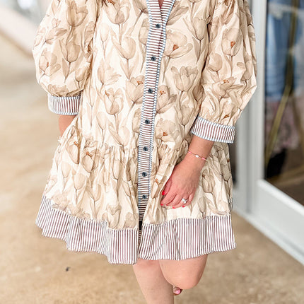 Khaki Plus Size Floral Print Striped Trim Patchwork Button Down A-line Dress