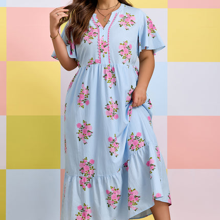 Sky Blue Plus Size Floral Print Scalloped Trim V-Neck Dress