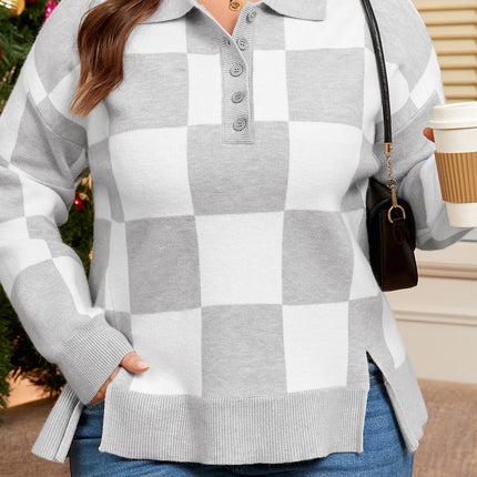 Gray Plus Size Checkered Pattern Button Polo Collar Split Sweater