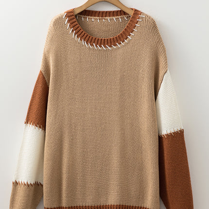 Light French Beige Contrast Stitch Detail Color Block Knitted Plus Size Sweater