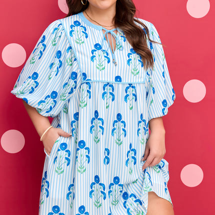 Sky Blue Floral Striped Bubble Short Sleeve Plus Size Dress
