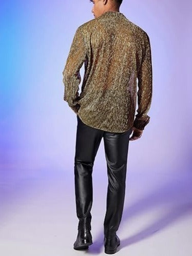 Fashion Shiny Crystal See-through Lapel Long Sleeve Shirt