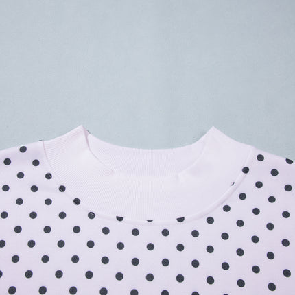 White Polka Dot Ribbed Stand Neck Plus Size Casual Sweatshirt
