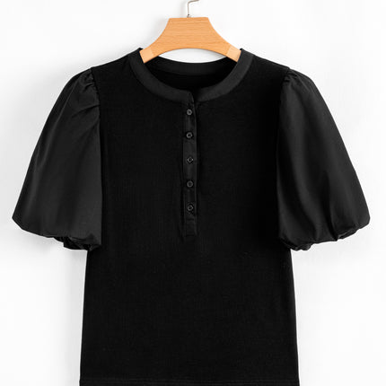 Black Ribbed Patchwork Puff Sleeve Half Button Placket Slim Fit Top