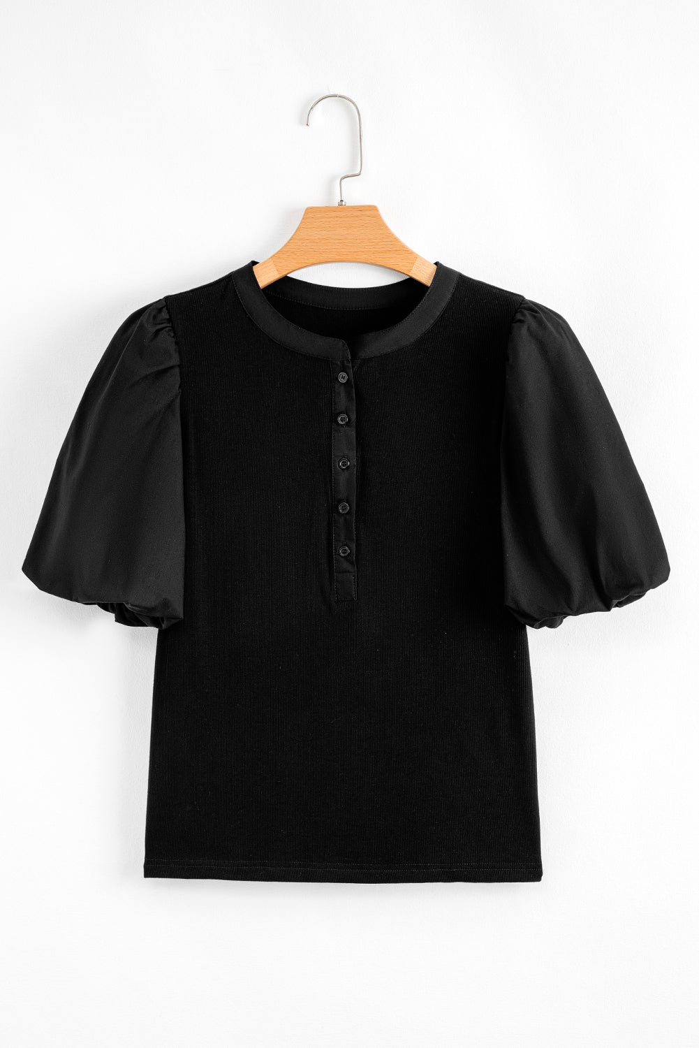 Black Ribbed Patchwork Puff Sleeve Half Button Placket Slim Fit Top