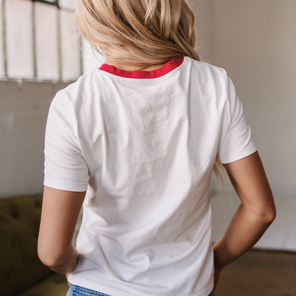 White Rainbow Stripe Print Contrast Crewneck T Shirt